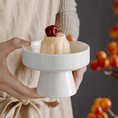 1pc Minimalist White Ceramic High-Foot Plate, Design Bowl For Dessert, Snacks, Fruit Sweets, Home Dining, Pudding, Elegant Decor Plate