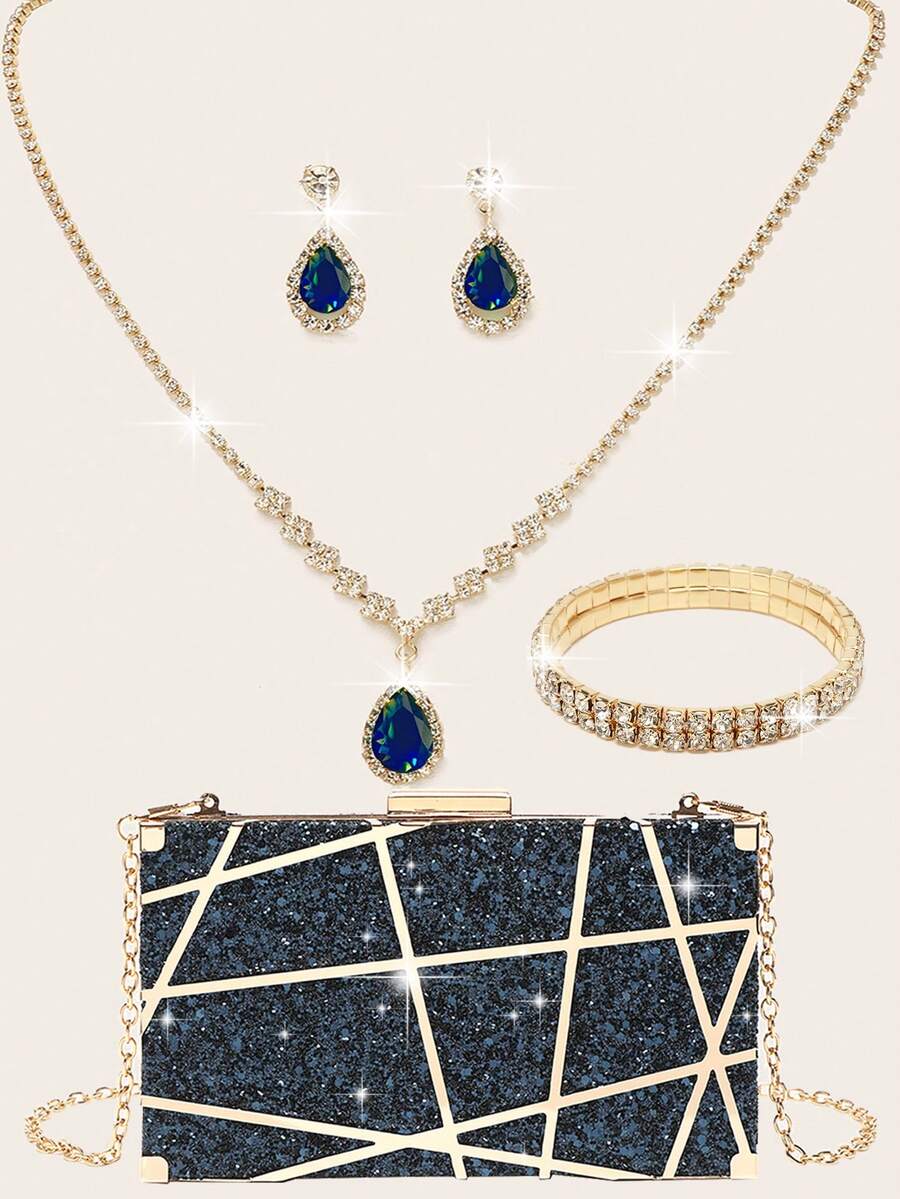 Bộ trang sức đính đá Rhinestone 4 món, vòng cổ, hoa tai, vòng tay, ví cầm tay, túi xách cho phụ nữ, túi đựng đồ ăn tối, túi đựng đồ dùng cho tiệc cưới, ví cầm tay cô dâu, túi xách cầm tay buổi tối lấp lánh, hình học nhỏ, kim loại rỗng, lấp lánh, túi xách đeo chéo, túi đựng đồ dùng cho tiệc cưới, dành cho phụ nữ và trẻ em gái - Màu xanh hải quân - Xem 1