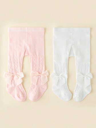 2pcs/set Solid Color Baby Girls' Bowknot Tights For Autumn And Winter