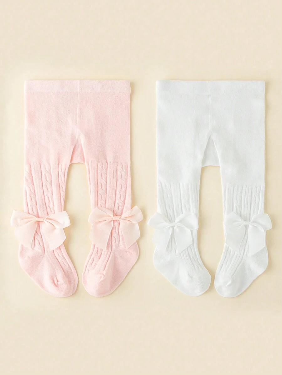 2 Piezas /set Mallas Para Bebés Con Lazo De Color Sólido Para Niñas, Para Otoño E Invierno - Multicolor - Ver 1