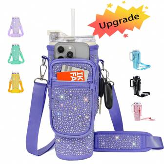 Water Bottle Carrier Bag For 40oz Cup,2024Upgrate Bling Water Bottle Holder Bag With Adjustable Shoulder Strap,High Quality Metal Buckle Cup Accessories As Christmas&Birthday Presents For Mom Friend Family Children,Slight Chromatic Aberration