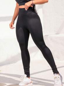 Black Seamless Sports Leggings, Butt Lifting, High Waist. - 黑色 - 查看 1