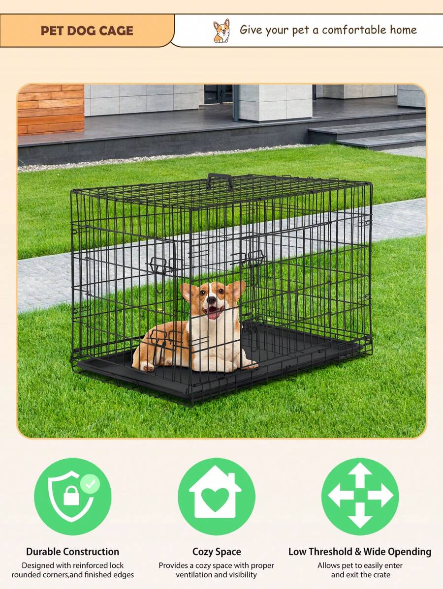 DOPINMIN Large Dog Crate, 42 Inches Double Door Pet Crate Folding Metal Wire Dog Cage Pet Dog Kennel With Divider Panel, Leak-Proof Plastic Pan, Indoor Outdoor Pet Crates For Medium And Large Breed Pet Animals - 黑色 - 查看 1