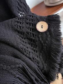 1pc Women Solid Color Hooded Button Poncho, Bohemian Style, Knitted Warm Pullover Outerwear For Daily Wear, Autumn/Winter - Black - View 6