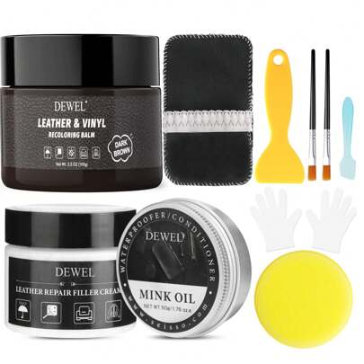 DEWEL Repair Cream Kit, Dark Brown Leather Balm - 11 Pcs Leather Repair Balm For Purse, Sofas, Chairs, Couches, Shoes - Recolor, Renew, Aged, Faded, Scratched, Cracked, Peeling And Scuffed Leather