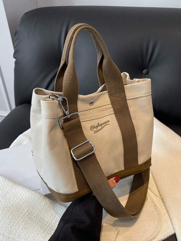 Autumn/Winter New Fashion Khaki Tote Bag Niche Casual Shoulder Crossbody Bag With Solid Letters Ladies Canvas Bag, Literary School Bag For Teens, Book Bag For Women Or Students, School Bag, School Handbag, School Tote Bag, School Bookbag, Back To School Bags, Large Capacity, Lightweight, Portable, Foldable, Classic Casual, Suitable For Teen Girls Women College Students, Perfect For Back To School, First Day Of School, Middle School, High School, Tote Bags For School,College Essentials