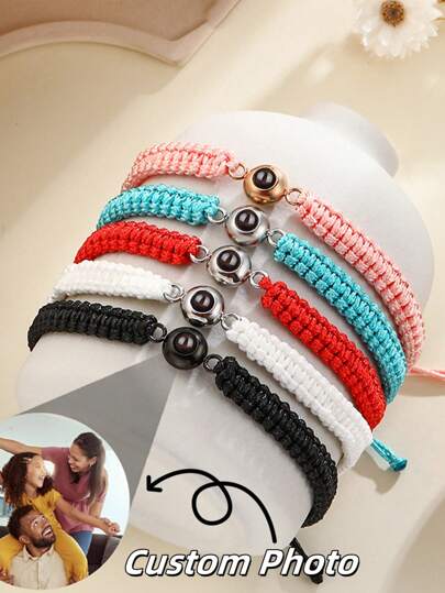 1pc Customized Photo Projection Bracelet, Round Projection Photo Bangle, Colorful Braided Projection Bracelet, Unisex Design, Suitable For Men, Women, Couples, Family, Friends And Pets. Christmas, Halloween, Mother's Day, Father's Day, Valentine's Day And Birthday Gift Black, Pink, Blue, White, Red Stylish, Fall Fashion, Casual, Contracted, Simple, Unisex, Hipster,Jewelry & Watches,Season Picks,Elegant Outfit