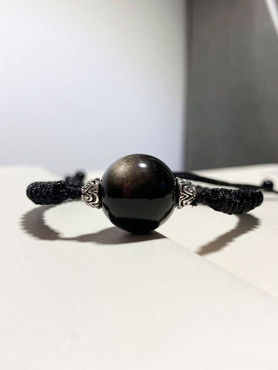 1 Pc Fashionable Hand Woven Double Eye Silver Glitter Braided Rope Obsidian, Suitable For Men And Women To Wear, Comes With A Gift Box And Jewelry Storage Bag - 16mm/0.62in Obsidian Woven Rope - View 1
