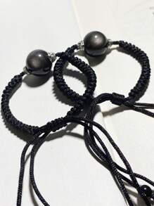 1 Pc Fashionable Hand Woven Double Eye Silver Glitter Braided Rope Obsidian, Suitable For Men And Women To Wear, Comes With A Gift Box And Jewelry Storage Bag - 16mm/0.62in Obsidian Woven Rope - View 7
