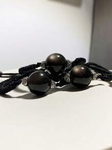 1 Pc Fashionable Hand Woven Double Eye Silver Glitter Braided Rope Obsidian, Suitable For Men And Women To Wear, Comes With A Gift Box And Jewelry Storage Bag - 16mm/0.62in Obsidian Woven Rope - View 2