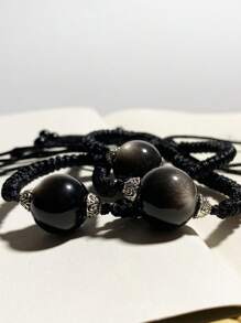 1 Pc Fashionable Hand Woven Double Eye Silver Glitter Braided Rope Obsidian, Suitable For Men And Women To Wear, Comes With A Gift Box And Jewelry Storage Bag - 16mm/0.62in Obsidian Woven Rope - View 10