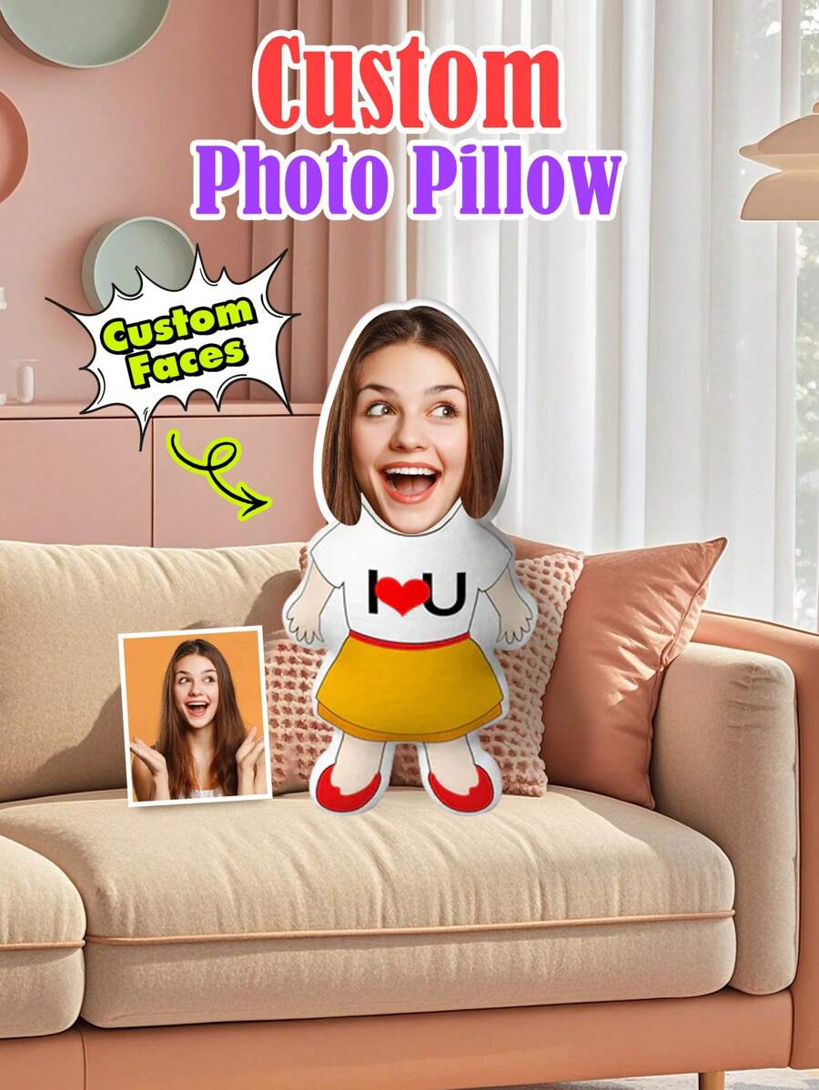 1pc Custom Pillow, Custom Face Pillow, Personalized Minime Throw Pillow - Custom Photo Design For Her Or Him, 3D Pillow, Body Shaped Plush, Double-Sided Printing, Unique Gift For Boyfriend, Girlfriend, Mom, Dad, Friends, And Family - Ideal For Indoor, Sofa, Bed, Car, Tea Room, Bedroom, Living Room Decor