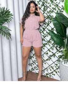 Shorts And Open Striped Button-Down Top Set, Short Sleeve, Light Duna Fabric, Summer Fashion 2025 Pastel Candy Color Colors - 紅白色 - 查看 1