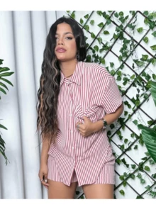 Shorts And Open Striped Button-Down Top Set, Short Sleeve, Light Duna Fabric, Summer Fashion 2025 Pastel Candy Color Colors - 紅白色 - 查看 2