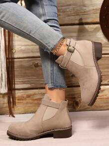 Botines de tacón ancho antideslizantes y versátiles de tacón plano y bajo para mujer, para otoño/invierno - Camel - Ver 4