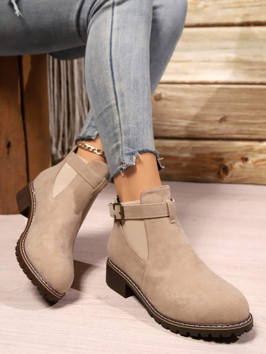 Botines de tacón ancho antideslizantes y versátiles de tacón plano y bajo para mujer, para otoño/invierno - Camel - Ver 1