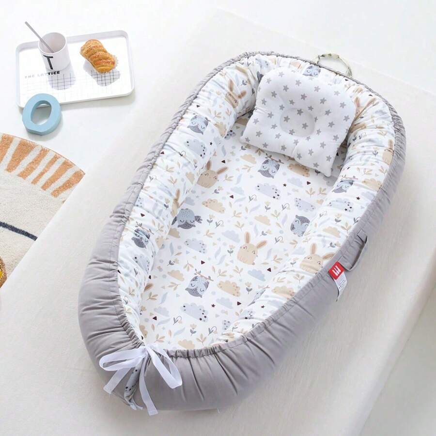 1 pièce Nid bébé style hibou gris portable avec oreiller, lit bébé dans le berceau, Saint-Valentin