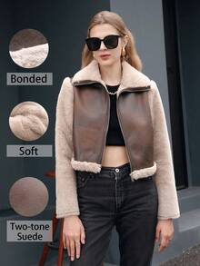 RELISH NOLESS Women Casual Patchwork Fluffy Jacket Short Padded Coat - Coffee Brown - View 1