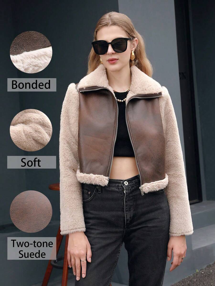 RELISH NOLESS Women Casual Patchwork Fluffy Jacket Short Padded Coat - Coffee Brown - View 1