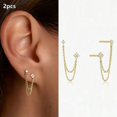 2pcs Cubic Zirconia Decor Chain Pendant Stud Earrings, Hypoallergenic Jewelry Gift For Women