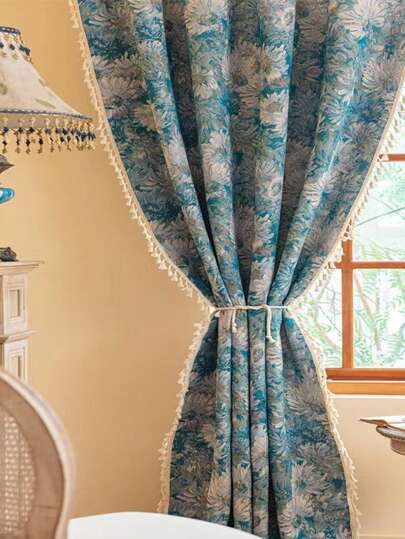 1pc Bedroom Vintage Floral Fringe Curtain, Lightweight Luxurious Oil Painting Style