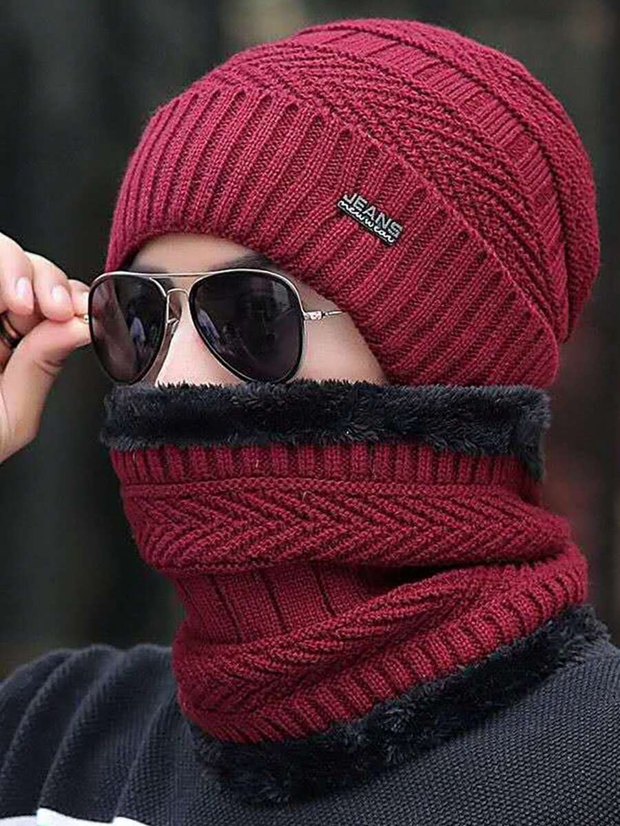 1 件多色冬季保暖无檐小便帽，加厚针织滑雪帽，男女通用时尚冬季配饰 - 酒紅色 - 查看 1