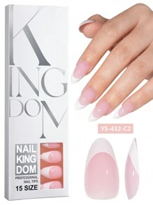 Nail Kingdom 120 piezas/caja Uñas postizas blancas francesas de almendra media, 15 tamaños diferentes. Puntas de uñas falsas profesionales previamente imprimadas con un recubrimiento superior 3 en 1 de gel suave para manualidades de manicura DIY