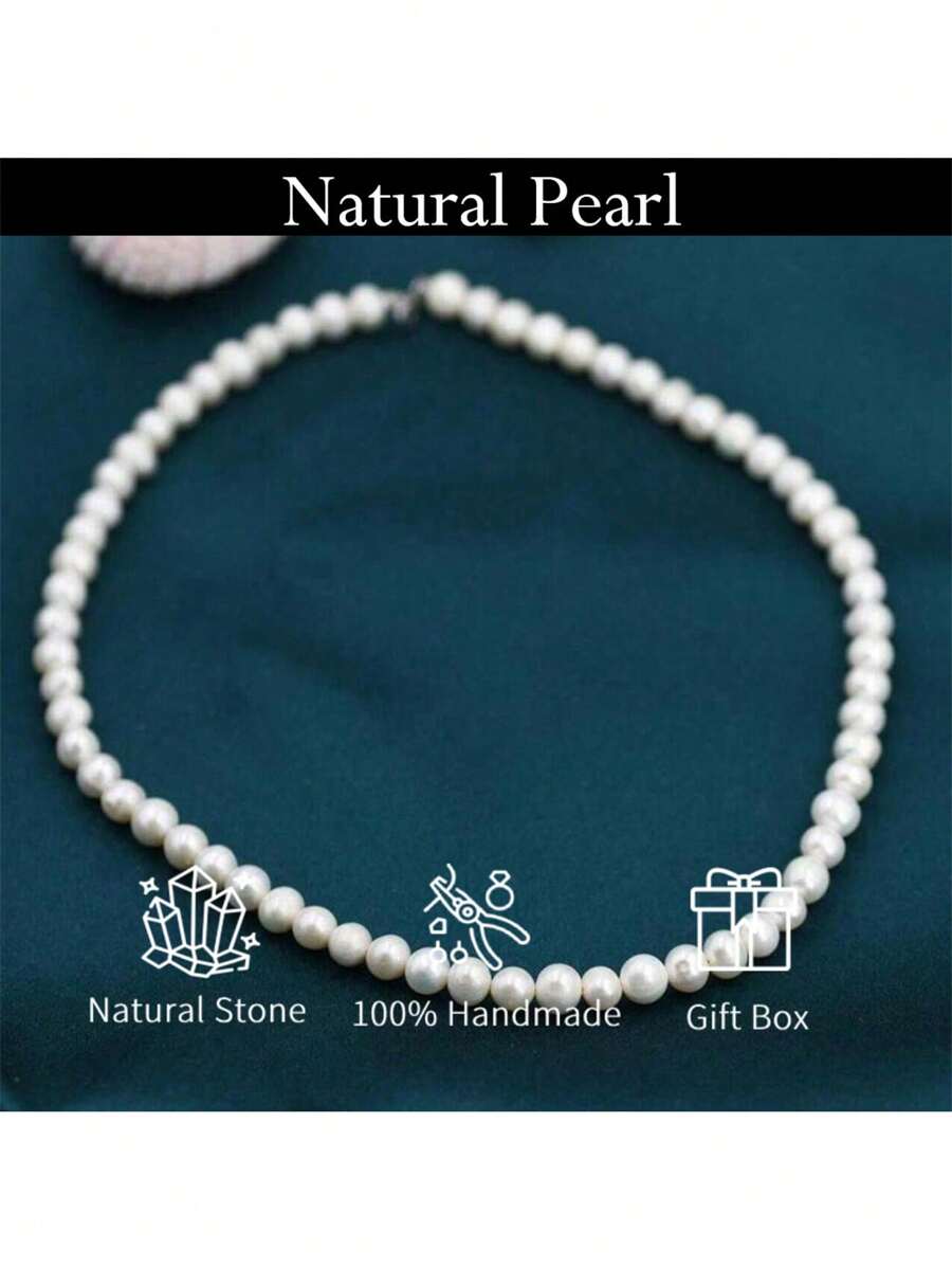 MYSOYA 100% 手工制作天然淡水仿珍珠项链。椭圆形淡水仿珍珠项链，5-6 毫米仿珍珠。百搭项链，送给他/她的礼物。适合日常佩戴、生日、周年纪念、婚礼、情人节、新年等场合。 - 白色 - 查看 1