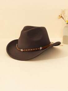 1pc Unisex Children Star Leather Decor Canvas Cowboy Hat, Western Style Retro Cap, 4 Season Accessory With Detachable Cord, Suitable For Casual, Outdoor, Party - Star Leather Brown - View 10