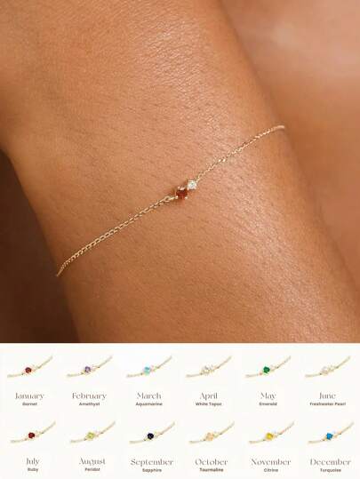 1pc 925 Sterling Silver Minimalist Gold 12 Birthstone Bracelet For Women's Daily Wear(Thin Chain Bracelets)