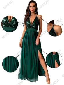 Vestido De Noche Largo De Tul Con Lentejuelas Y Escote En V - Verde - Ver 2
