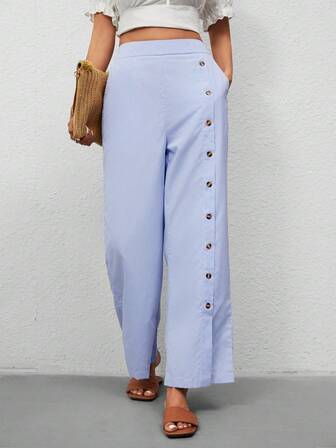 女式简约休闲单排扣条纹长裤