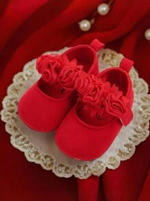 圣诞节女婴玛丽珍平底鞋，蝴蝶结花朵公主婚礼礼服鞋，柔软新生儿婴儿爬行鞋 - 紅色 - 查看 9