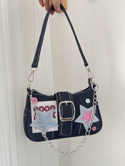 Y2K Retro Mini Handbag For Women, Colorblock Star Chain Shoulder Crossbody Bag, Suitable For Girls, Ladies, Students, Young Professionals, Office Workers, Commuting, School Outfits, Stars Hollow Women Bag