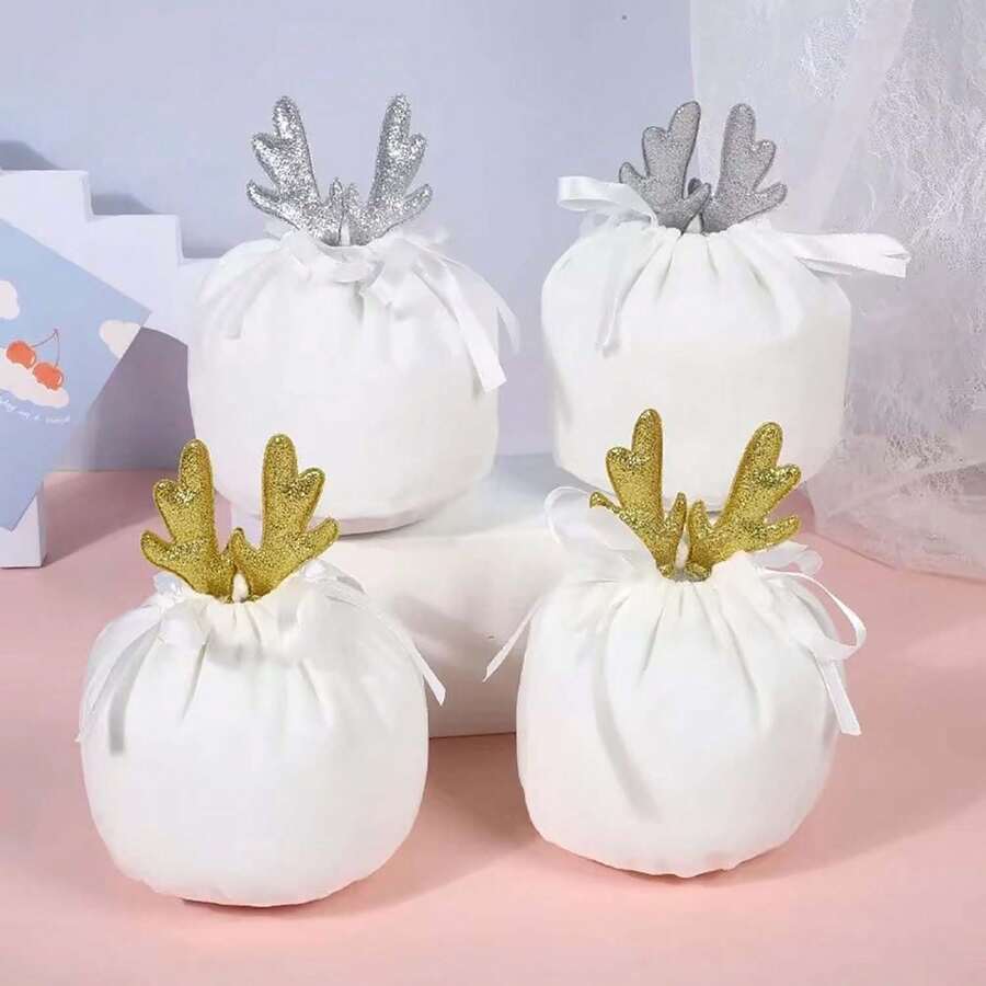 10 个金色银色圣诞鹿角袋可爱天鹅绒抽绳糖果袋兔子礼物包装圣诞袋派对装饰 2025，圣诞节 - 彩色 - 查看 1