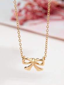 1 件简约蝴蝶结吊坠项链，适合女性日常佩戴 - 金黃色 - 查看 1