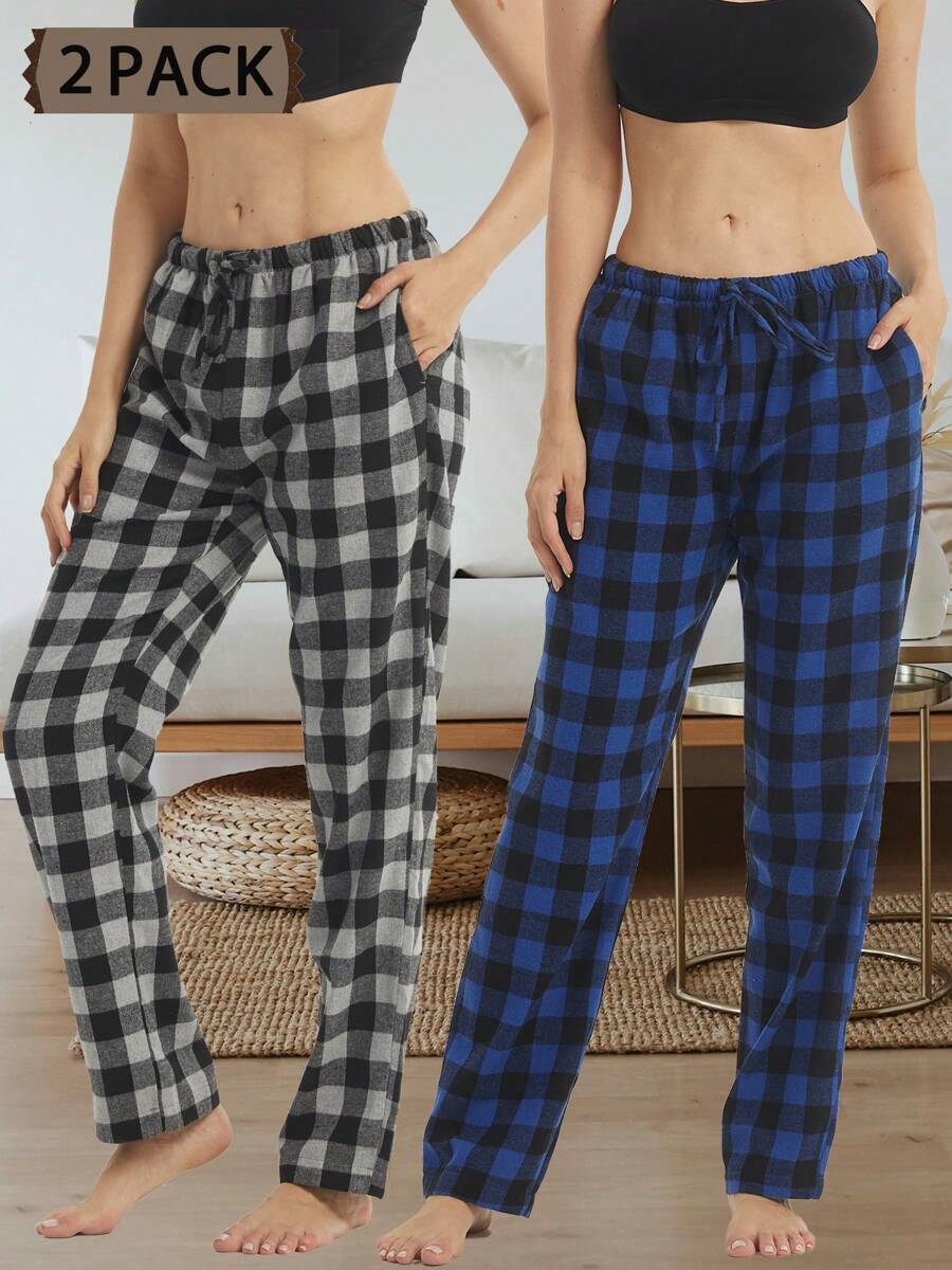 2 PACK Flannel Pajama Pants Women With Pockets & Drawstring Comfy Plaid Lounge Pants Casual Stretch Cotton Sleepwear Bottoms Soft Pj - 藍色 - 查看 1