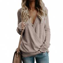 Women's 2024 Deep V-Neck Wrap Sweaters Long Sleeve Front Cross Loose Knitted Pullover Jumper Elegant Fall Winter Tops - Kaki nhạt - Xem 3