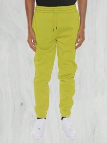 Men's Basic Drawstring Waist & Cuffed Casual Sweatpants For Outdoor Running, Spring And Fall - Lime Green - View 6