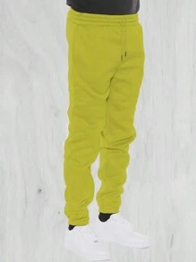 Men's Basic Drawstring Waist & Cuffed Casual Sweatpants For Outdoor Running, Spring And Fall - Lime Green - View 7