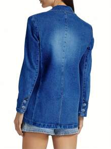 Women Long Sleeve Waist Tucked Tighten Denim Jacket Top Fashion Solid Color Denim Suit Jacket Button Pocket Denim Suit Jacket - Dark Wash - View 4
