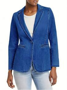 Women Long Sleeve Waist Tucked Tighten Denim Jacket Top Fashion Solid Color Denim Suit Jacket Button Pocket Denim Suit Jacket - Dark Wash - View 2