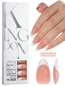 Nail Kingdom 120 piezas/caja Uñas postizas blancas francesas de almendra media, 15 tamaños diferentes. Puntas de uñas falsas profesionales previamente imprimadas con un recubrimiento superior 3 en 1 de gel suave para manualidades de manicura DIY