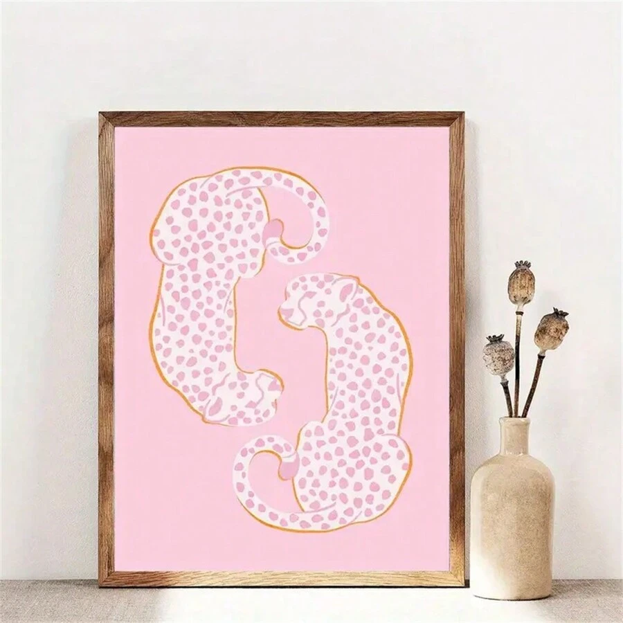 1 件帆布海报艺术印刷品 - 粉色和橙色豹纹动物印花 - 艺术装饰经典现代风格 - 墨水中号 - 无框壁挂装饰，适用于客厅、卧室、家庭办公室、室内和室外使用 - 彩色 - 查看 1