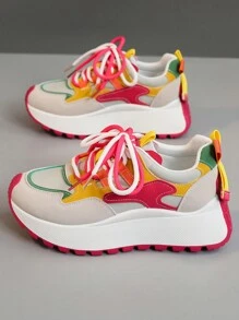 1 Pair Women Colorful Casual Sneakers, Round Toe, Lace Up, Waterproof, For Outdoor, Spring Autumn