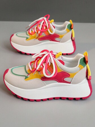 1 Pair Women Colorful Casual Sneakers, Round Toe, Lace Up, Waterproof, For Outdoor, Spring Autumn