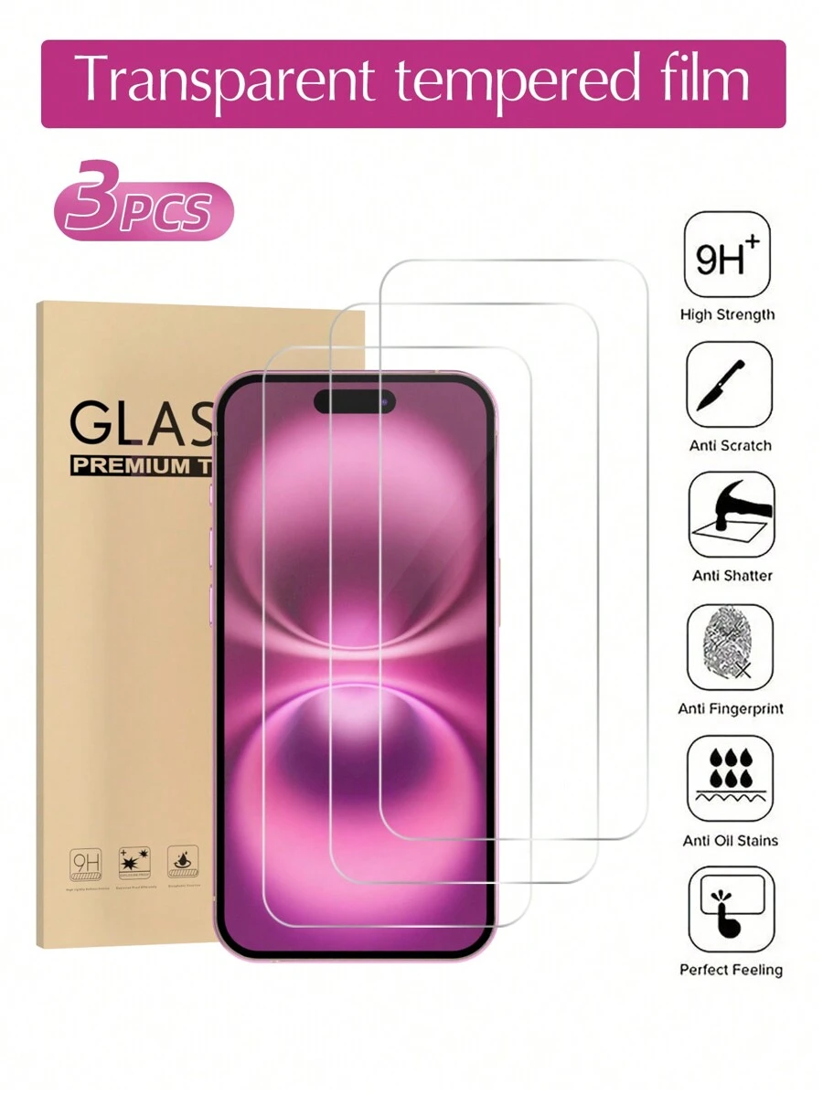 3pcs Ultra Durable Full Screen High-Definition Tempered Glass Screen Protector Film Compatible With IPhone 17 Pro Max To 11, Anti-Scratch, 9H Hardness, Easy Installation, Compatible With IPhone 17/16 Pro/16/16 Pro/15 Pro Max/15 Pro/15/15 Plus/14 Pro Max/14/14 Pro/14 Plus/13 Pro Max/13 Pro/13/13 Mini/12 Pro Max/12 Pro/12/12 Mini/11/11 Pro/11 Pro Max/XR/7/8 Plus - Clear - View 1
