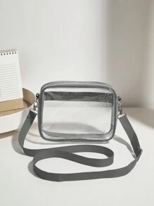 休闲透明斜挎包，简约时尚 PVC 拉链单肩包，配有可调节肩带 - 灰色 - 查看 3
