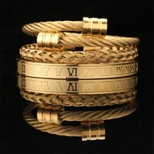 3pcs European And American Fashion Steel Wire Braided Bangle Set With Round Ends And Roman Numerals, Stainless Steel Bracelets For Women