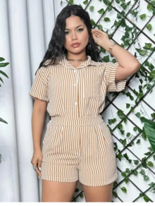 Shorts And Open Striped Button-Down Top Set, Short Sleeve, Light Duna Fabric, Summer Fashion 2025 Pastel Candy Color Colors - Màu be và trắng - Xem 2